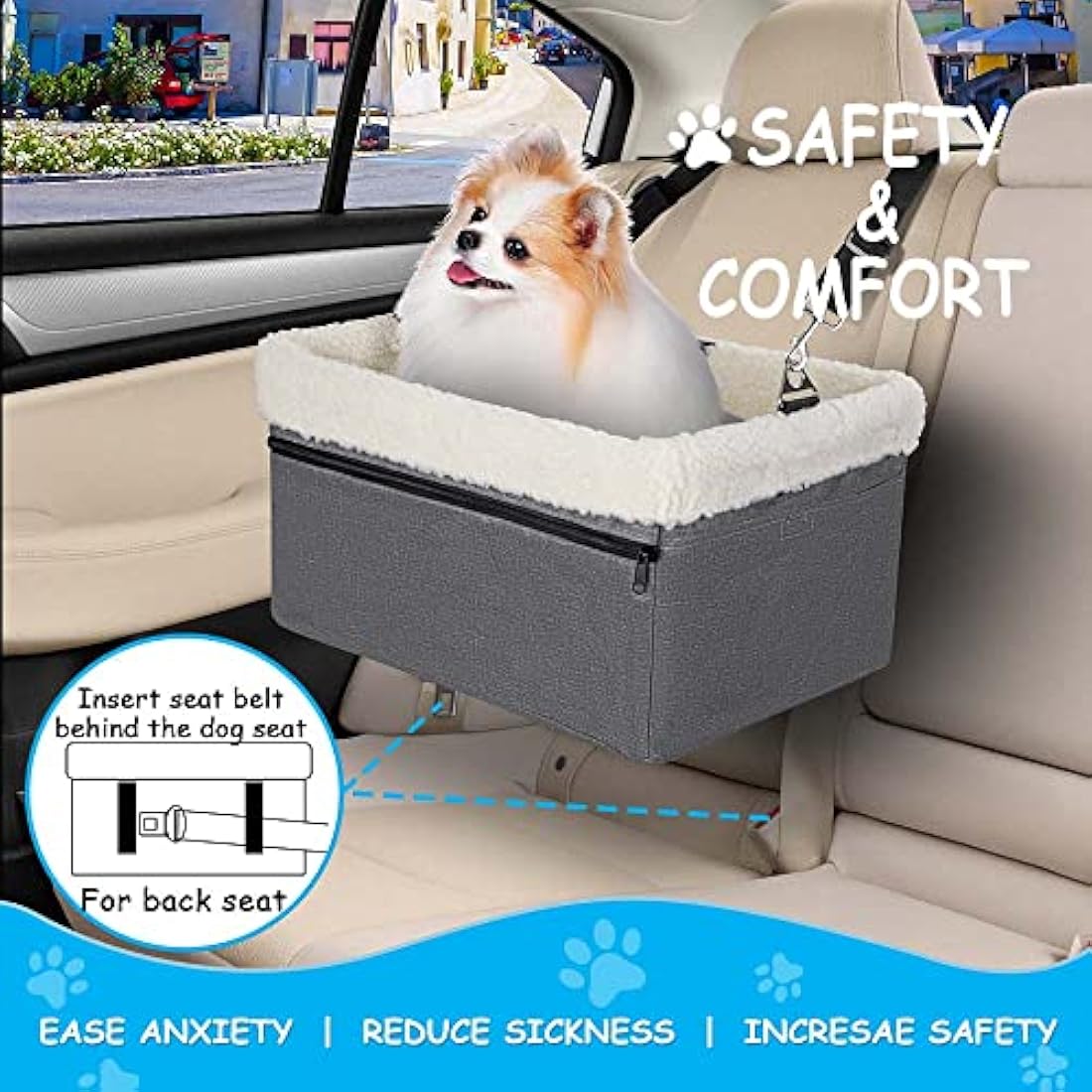 UNICITII Dog Car Seats for Small Dogs-Elevated Pet Dog Booster Seat for Dog,Raised Dog Lookout Car seat w/Clip-On Safety Leash Adjustable Pet Travel Seat, Grey-9 kg, (BGUN-PS002bb)