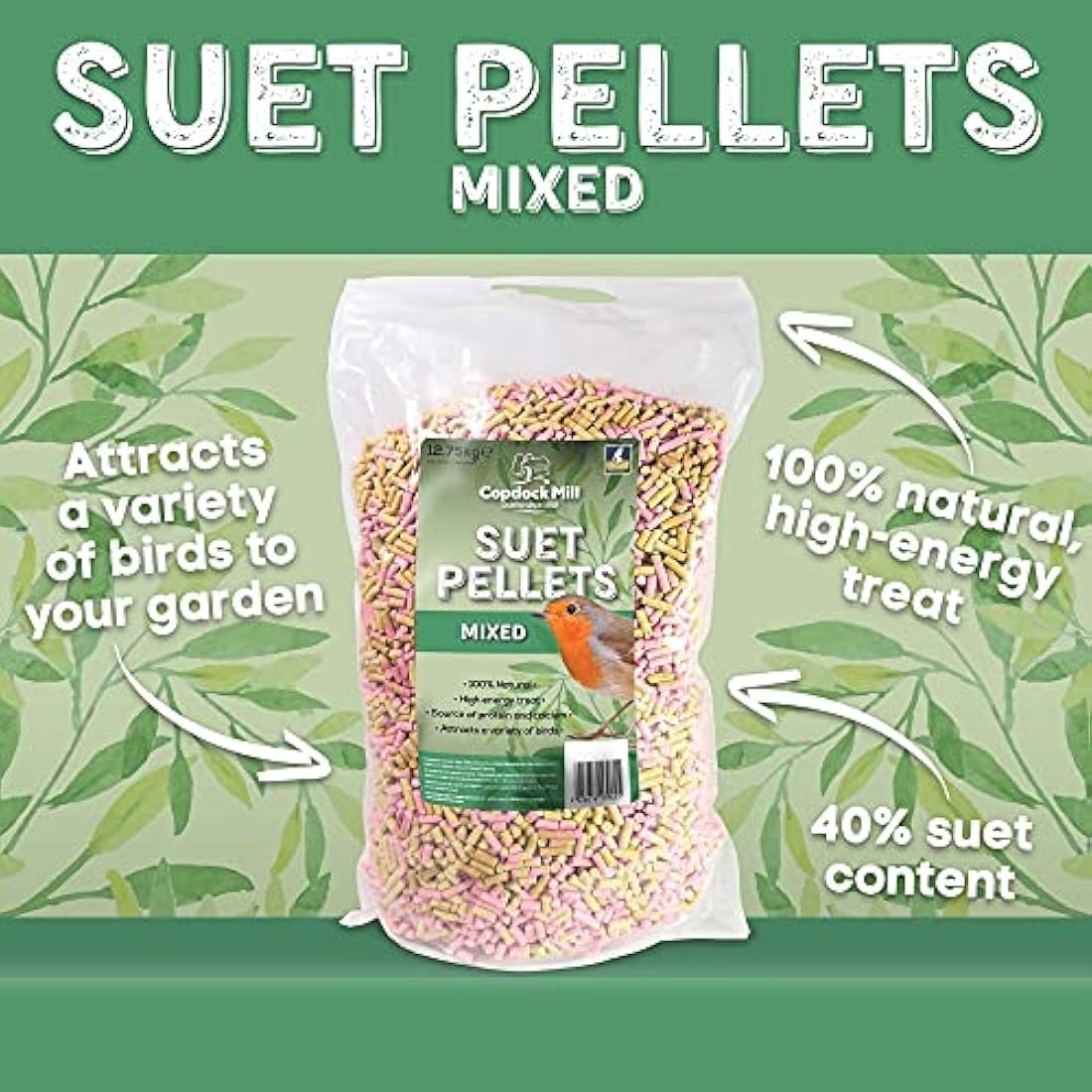 Copdock Mill Mixed Suet Pellets Wild Bird Food 12.75kg – With Mealworms, Berries, Insects & Seeds – All Year-Round Bird Feed – 40% Suet Fat Content