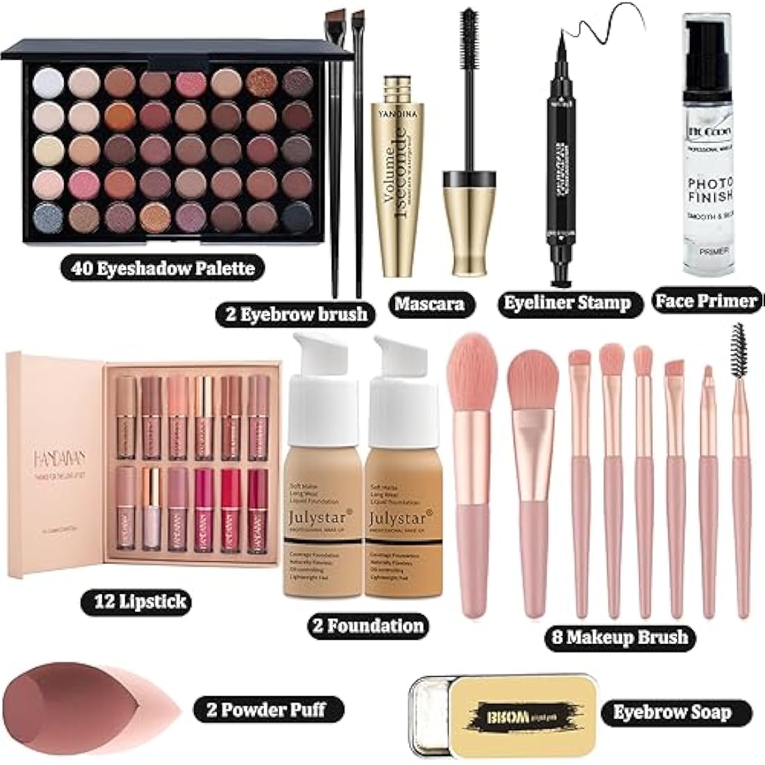 Make-Up Sets,All In One Make Up Set For Women,Makeup Kit Includes 40 Colors Eyeshadow Palette Mascara Foundation & Face Primer Eyeliner Stamp Lip Gloss Set Eyebrow Soap Makeup Sponge
