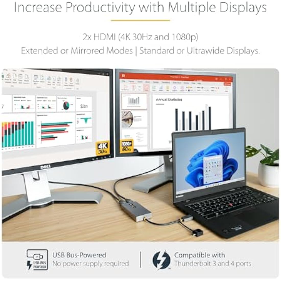 StarTech.com USB 3.0 or USB-C to Dual HDMI Adapter for Windows & macOS, 2x HDMI Displays (1x 4K30Hz, 1x 1080p), Integrated USB-A to C Dongle, 4in/11cm Cable (107B-USB-HDMI)