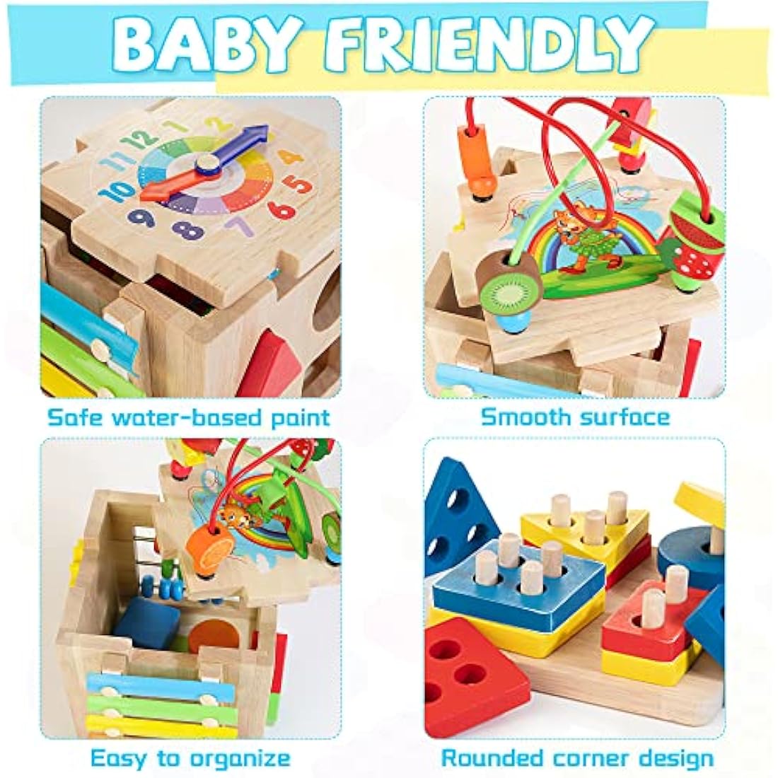 Wooden Activity Cube | 8-in-1 Montessori Toys for 18M+ Toddlers, One Year Old First Birthday Toy, Baby Toy Set with Bonus Sorting & Stacking Board