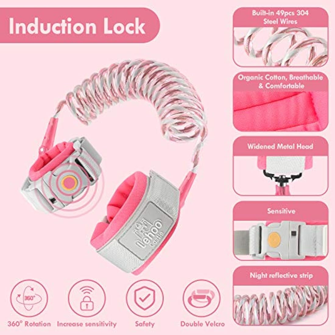 Lehoo Castle Baby Reins for Walking, 1.5M Toddler Reins for Kids with Induction Lock, Anti Lost Wrist Link Wrist Reins, Child Safety Harness for Autism Boys Girls (Pink)