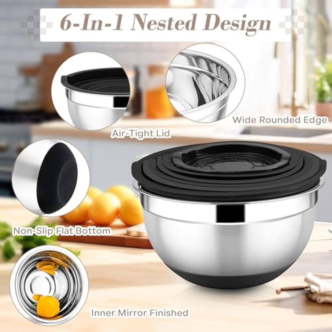 Onader Stainless Steel Mixing Bowls, 6-Piece Metal Salad Bowl for Kitchen Baking Cooking Serving, Airtight Lids & 3 Graters & Silicone Bottom, Size 0.7/1.2/1.6/2.5/2.8/4.6QT - Black