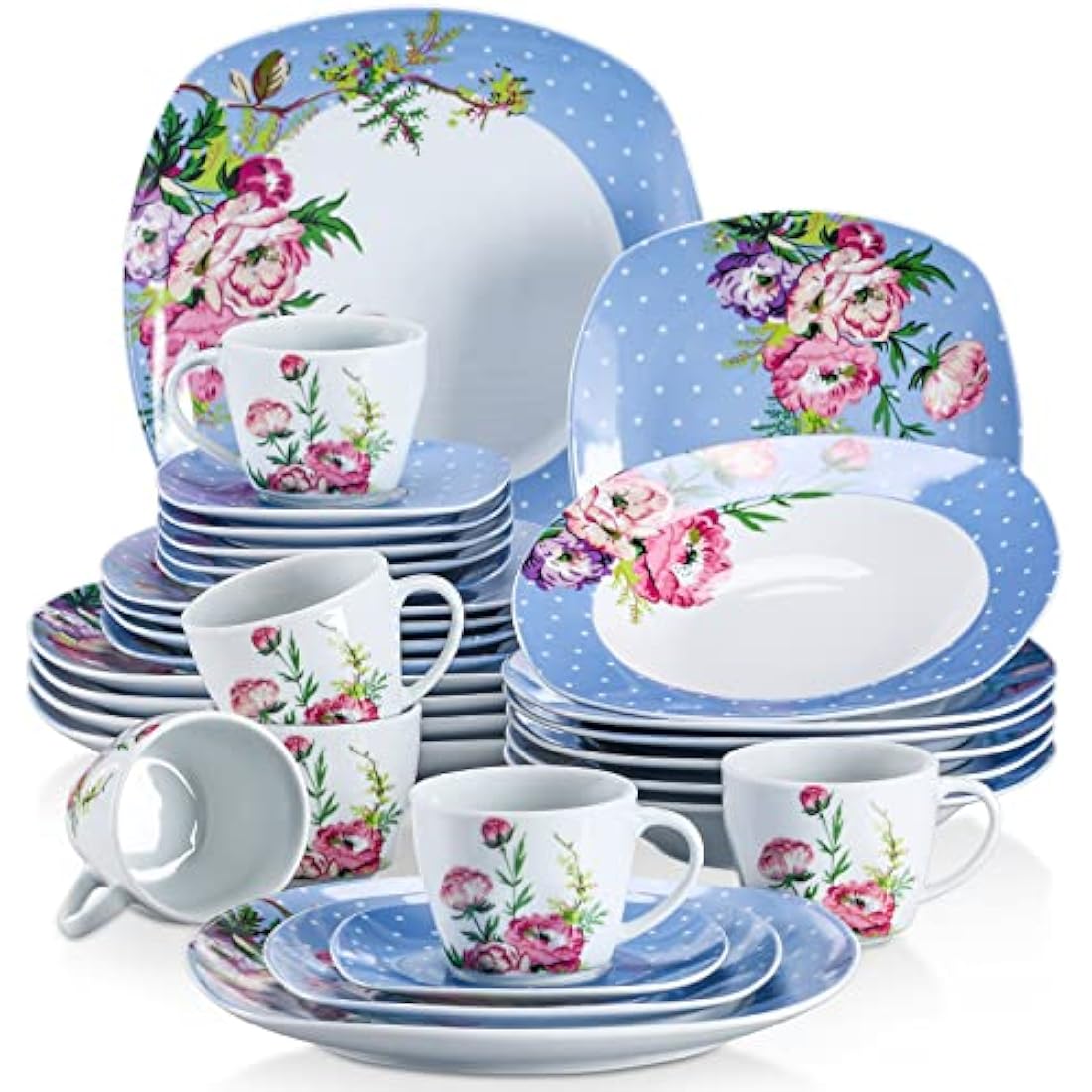 VEWEET 'Hannah' 30-Piece Dinner Set Blue White Dots Pink Flower Porcelain Pattern Combination Set with Dessert Plates Soup Plates Dinner Plates Cups Saucers Service for 6