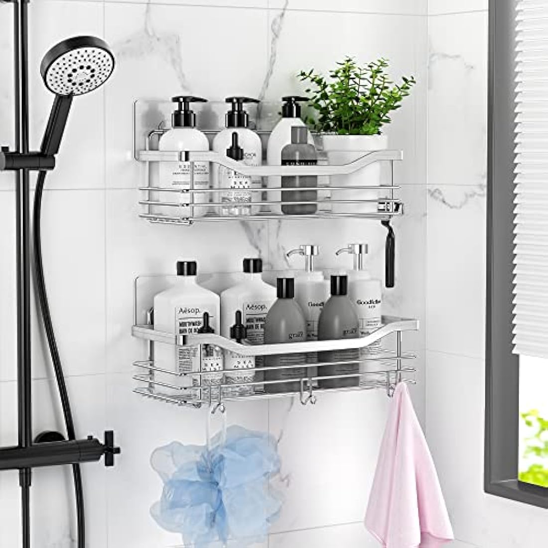 Orimade Shower Caddy No Drilling Stainless Steel Adhesive Shower Shelf for Shampoo Conditioner,Rustproof, 2 Pack (Silver)