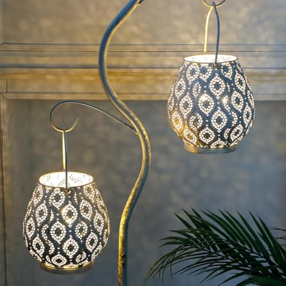 TRIROCKS Set of 2 Moroccan Decorative Metal Table Lamps 26cm H Battery Powered Cordless Lanterns with Fairy Lights Bulb for Home Living Room Garden Yard Party Events Tabletop Indoor Outdoor (White)