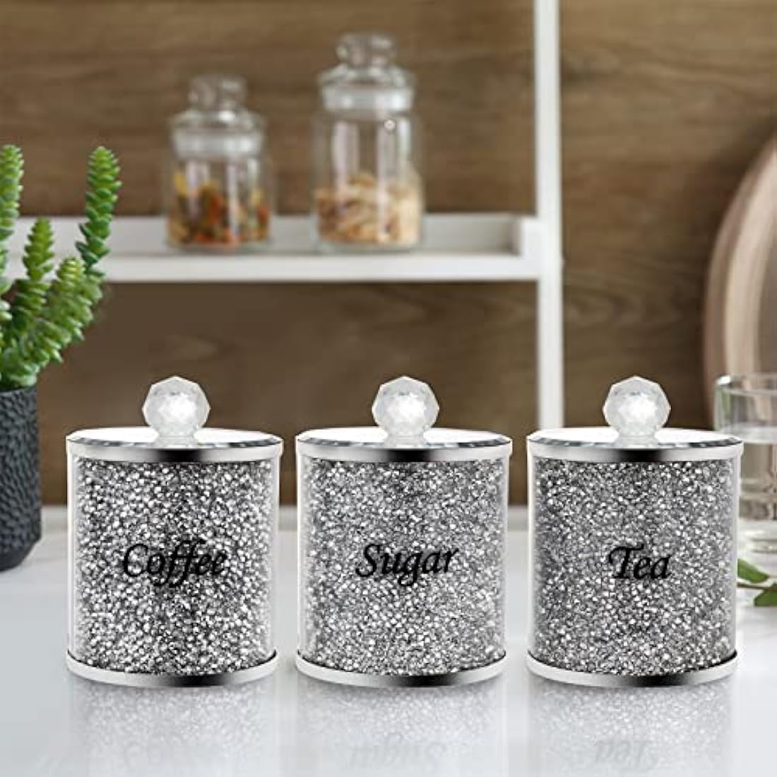 Cedilis 3 Pack Decorative Coffee Tea Sugar Canisters With Crushed Crystal Diamonds, Glass Food Storage Containers, Bling Kitchen Jar for Countertop Decor, Silver