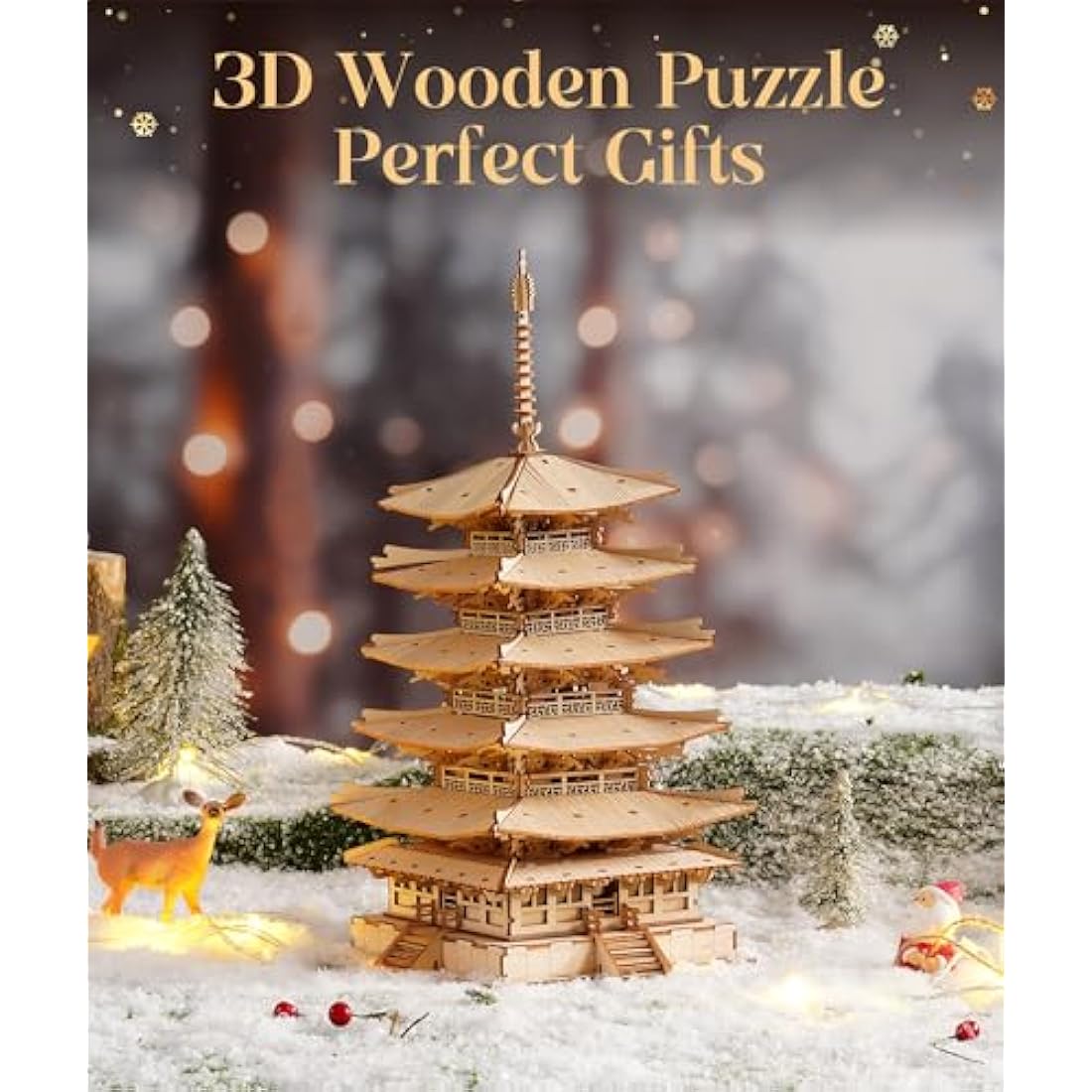 ROWOOD 3D Wooden Puzzle Five-storied Pagoda, Japanese Temple Model Kit for Adults to build, DIY Wooden Model Building Construction Craft Kits, Ideal as Christmas And Birthday Gift