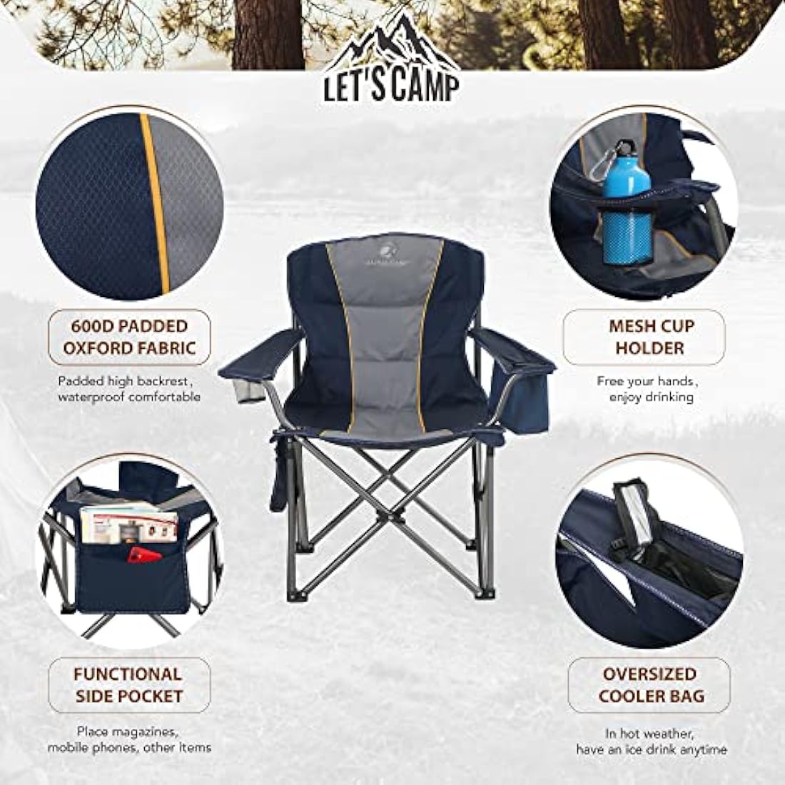 LET'S CAMP Folding Camping Chair Oversized Heavy Duty Padded Outdoor Chair with Cup Holder Storage and Cooler Bag, Support 200 KG with Thicken 600D Oxford