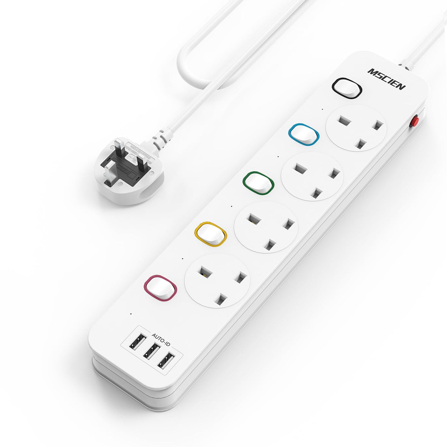 Mscien Extension Lead with USB Slots, 4 Way 3 USB Extension Socket with Individual Switches, Mountable Overload Protection Power Strips, 1.8 Meter