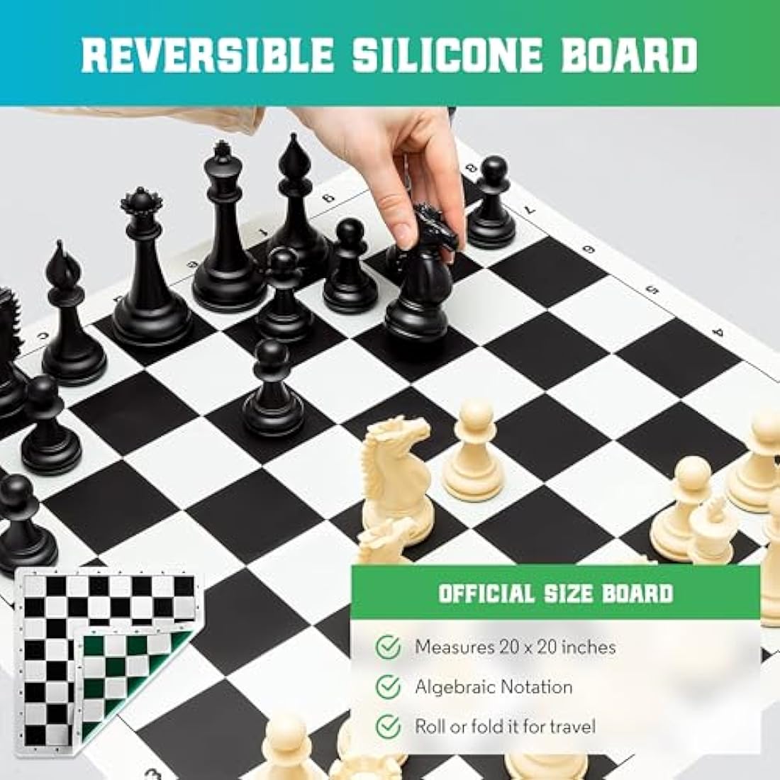 Best Chess Set Ever 4X Tournament Chess Set with XL Staunton Quadruple Weighted Pieces (11.4 cm King) for Adults & Kids – Foldable Roll-up Double-Sided 50x50 cm Silicone Board Mat, Ideal for gifting
