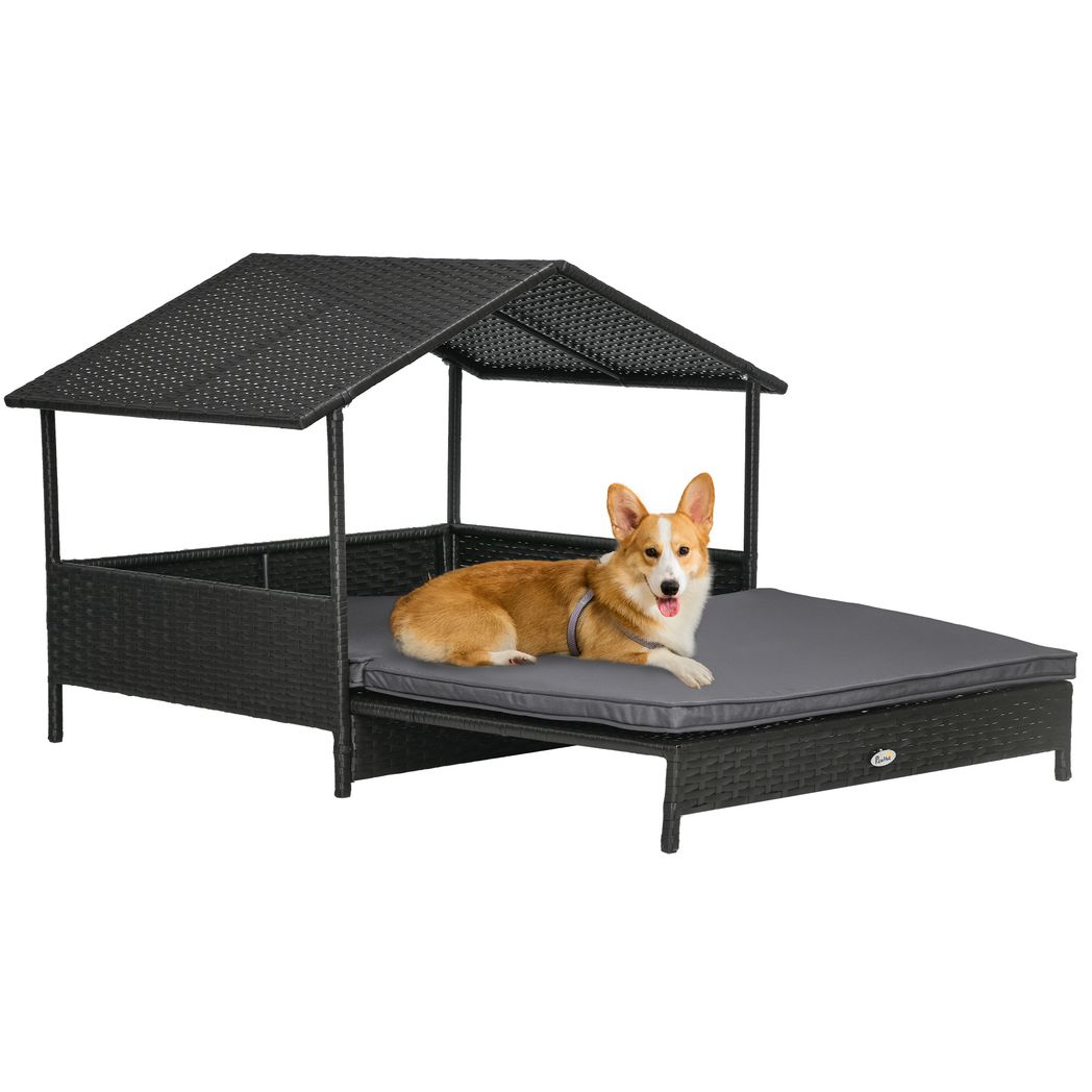 PawHut Extendable Rattan Dog House with Water-Resistant Roof, Cushion