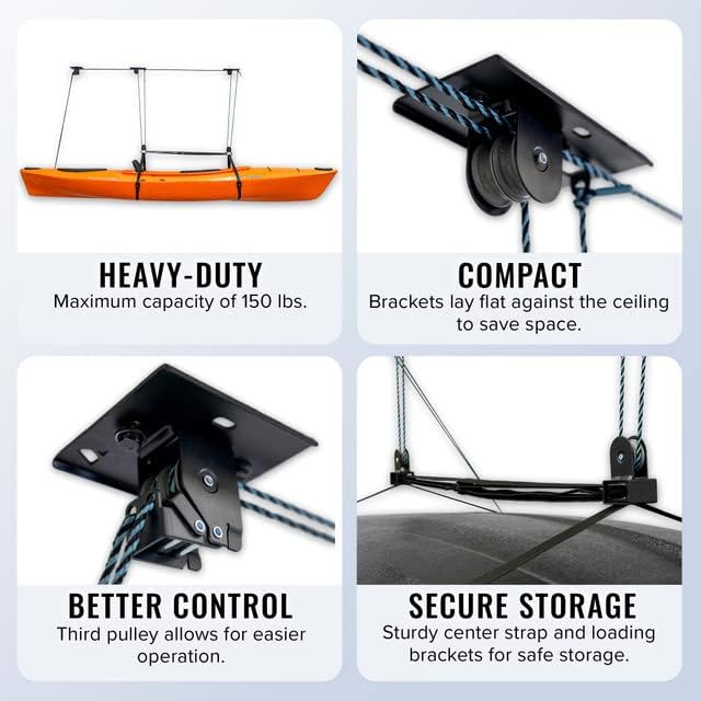 Teal Triangle Pulley Hoist for Kayaks, Canoes, and Paddleboards - Heavy Duty Garage Storage Lift - Kayak Hanger Holds 150 lbs and Fits 10-14 ft Tall