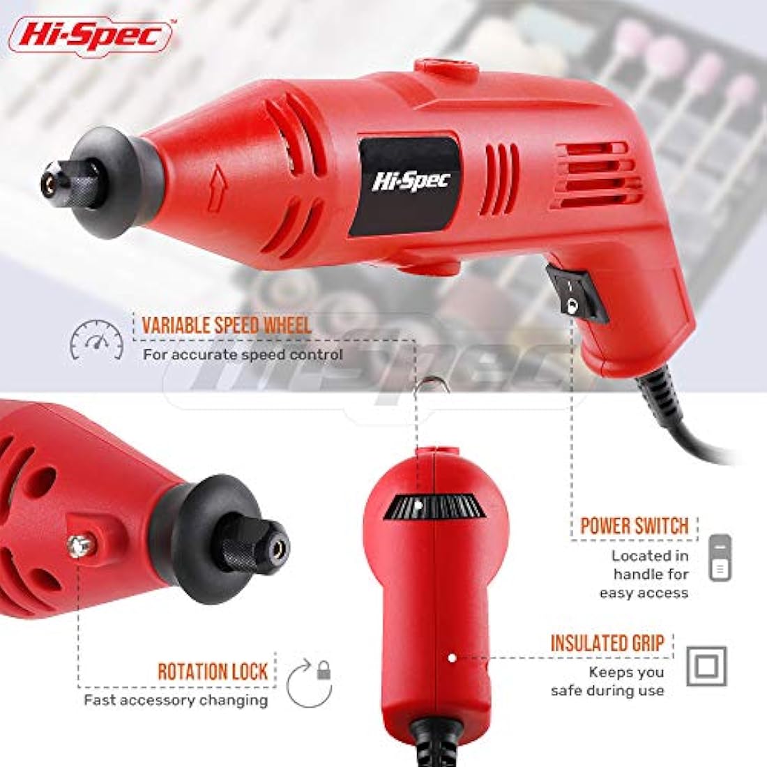 Hi-Spec 121pc 130W Corded Power Rotary Tool Kit – Multi Tool with Dremel Compatible Bit Accessories for Drill, Cut, Trim, Grind & Sand. DIY Repairs, Hobbies & Craft Projects