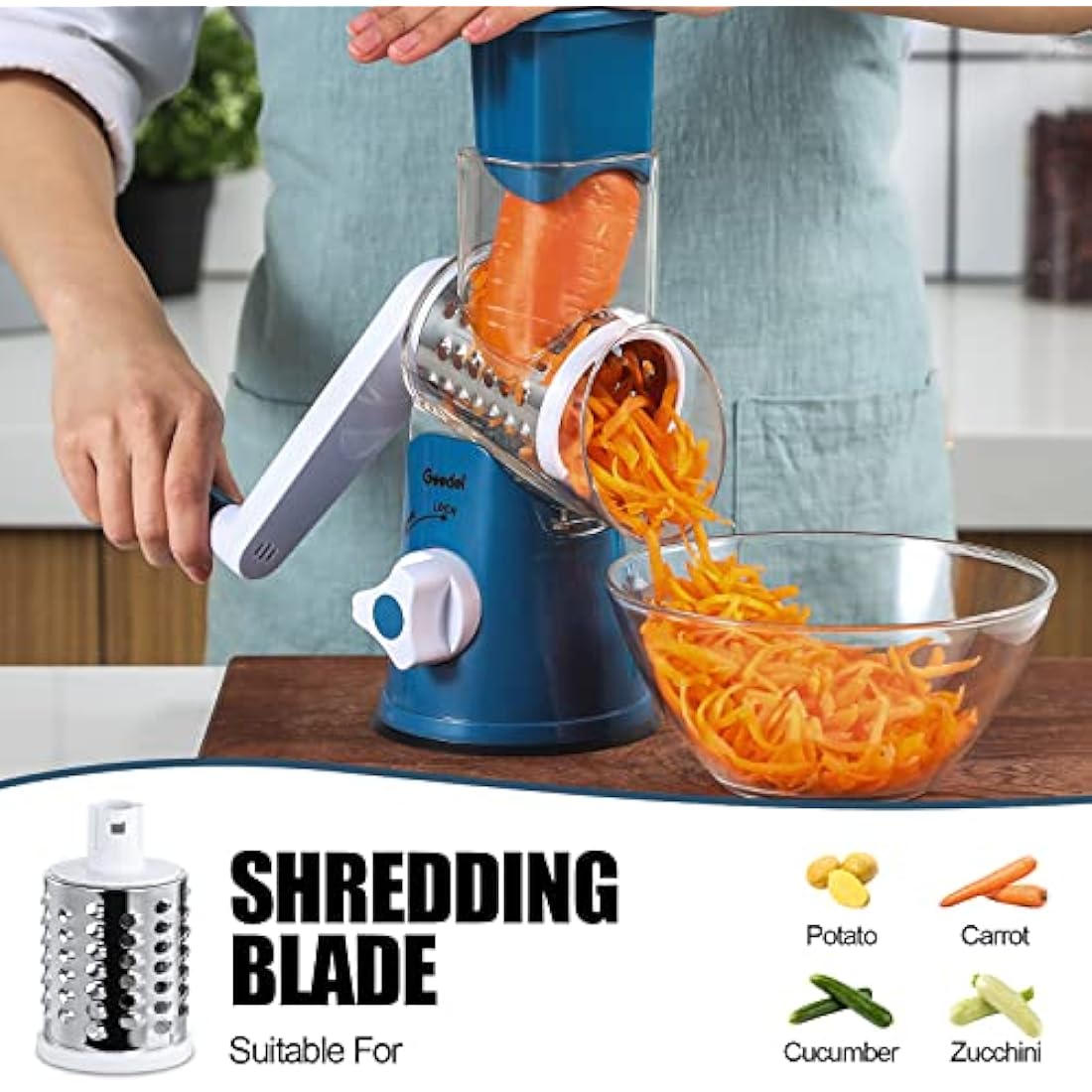 Rotary Cheese Grater, Vegetable Slicer with Three Drum Blades, Grater for Kitchen Faster and Easy Cutting, Rotary Drum Grater Ideal for Cheese, Cucumber, Carrot, Nuts, etc.