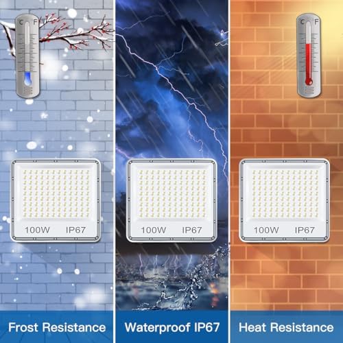 YIQIBRO 100W LED Floodlight Outdoor 2 Pack, IP67 Waterproof Outside Security Lights, 10000LM 7000K Cool White LED Floods Light Outdoor Spotlight for Garden, Garage, Warehouse, Workshop, Factory