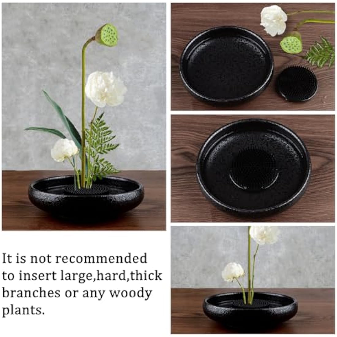 WANDIC Flower Frog, 4 Pcs Round Black Plastic Ikebana Kenzan Frogs Japanese Arranging Holder with 3 Suckers for DIY Flower Art Craft