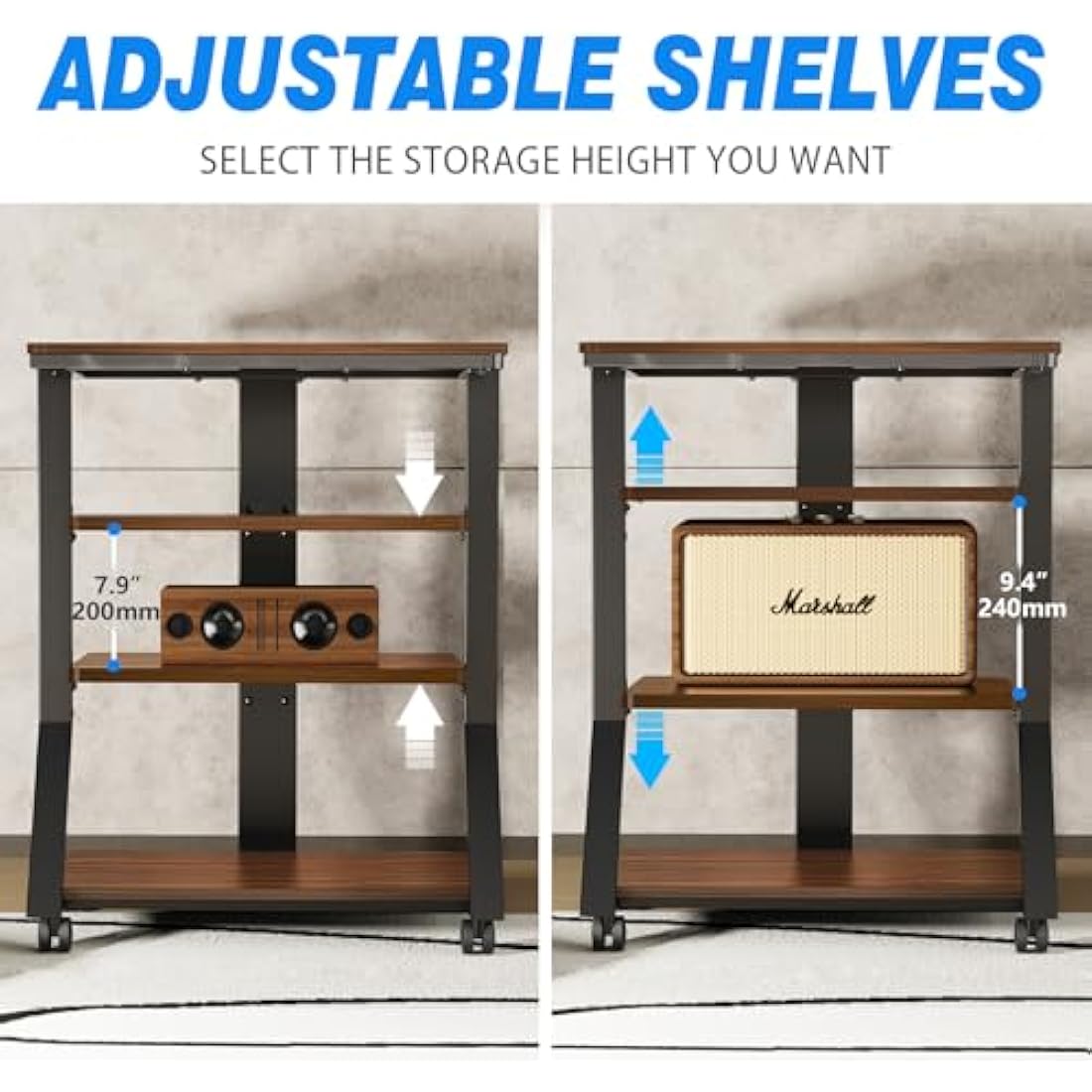 5Rcom HiFi Racks and Stands Audio Rack Cabinet AV Shelf Movement Stand 4 Tiers Wooden Shelves for Turntable Record Player DVD Entertainment Unit Multifunctional Height Adjustable Load Capacity 54KG