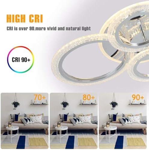 Qcyuui 58W Dimmable LED Ceiling Light, Modern 4-Ring Acrylic Flush Mount Chandelier for Living Room, Bedroom, Dining Room, Chrome Finish