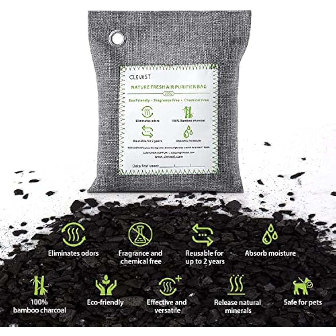 CLEVAST Bamboo Charcoal Air Purifying Bags (Large, 4×200g), Removes Odors and Moisture, Nature Fresh Air Purifier Bags, Odor Eliminator for Home, Car, Pets, Bathroom, Basement