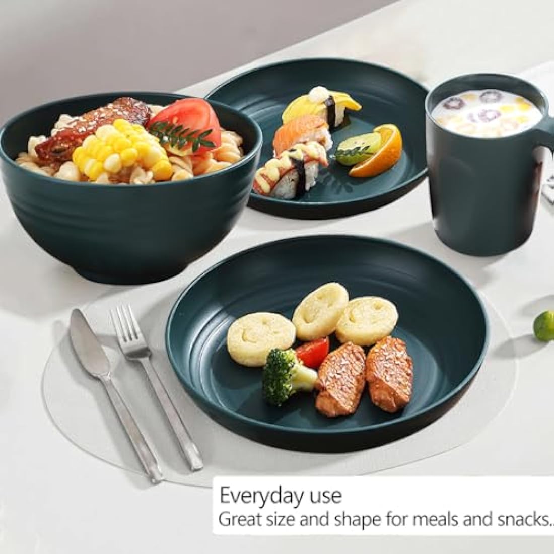 Kyraton Plastic Dinnerware Sets of 32 Pieces Service for 8, Unbreakable and Reusable Light Weight Plates Mugs Bowls Dishes Easy to Carry and Clean Microwave Safe BPA Free Dishwasher Safe