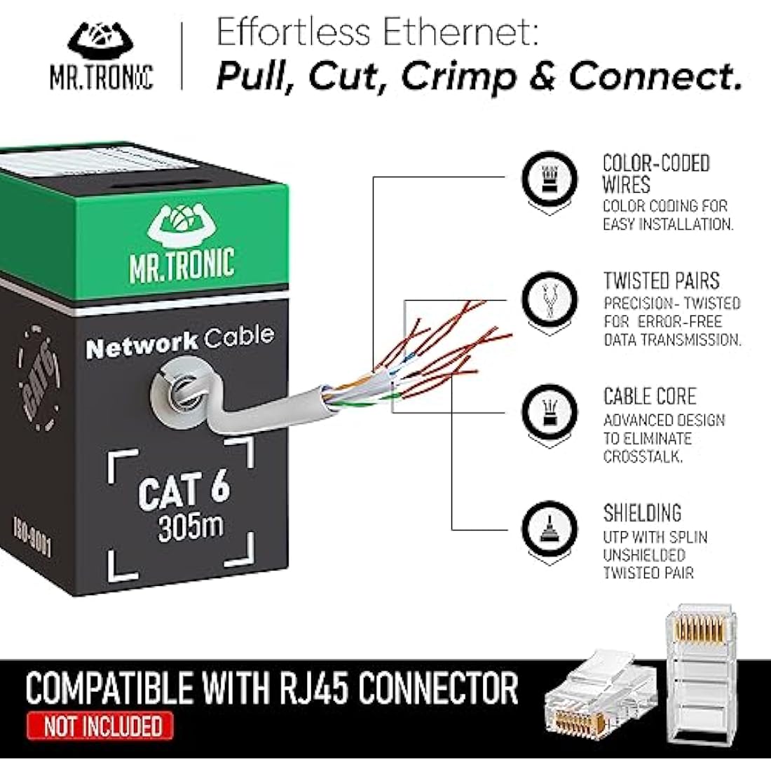 Mr. Tronic Bulk Cat 6 Ethernet Cable 305m, High Speed LAN Ethernet Network Cable, 305m Bulk Cat6 Internet 1 Gbps, 250 MHz, ADSL AWG24, UTP CCA (305 Meters, Grey)