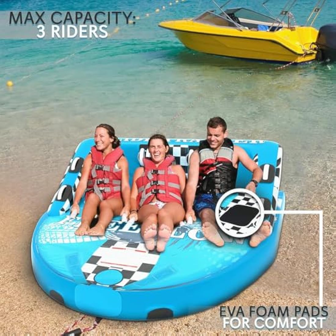 SereneLife Heavy-Duty Inflatable Towable Booster Tube, 1-2 Person Water Tube for Boating, Soft Foam Seats, Secure Grip Handles, Durable & Tear-Resistant Design- Perfect for Watersports & Lake Fun