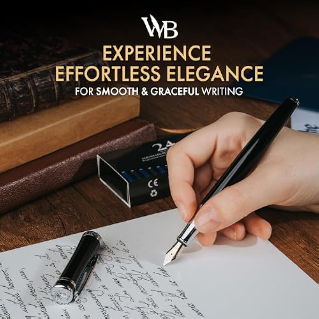 Wordsworth & Black Fountain Pen Set, 18K Gilded Fine Nib, Includes 24 Pack Ink Cartridges, Ink Refill Converter & Gift Box, Gold Finish, Calligraphy, [Black Chrome], Perfect for Men & Women