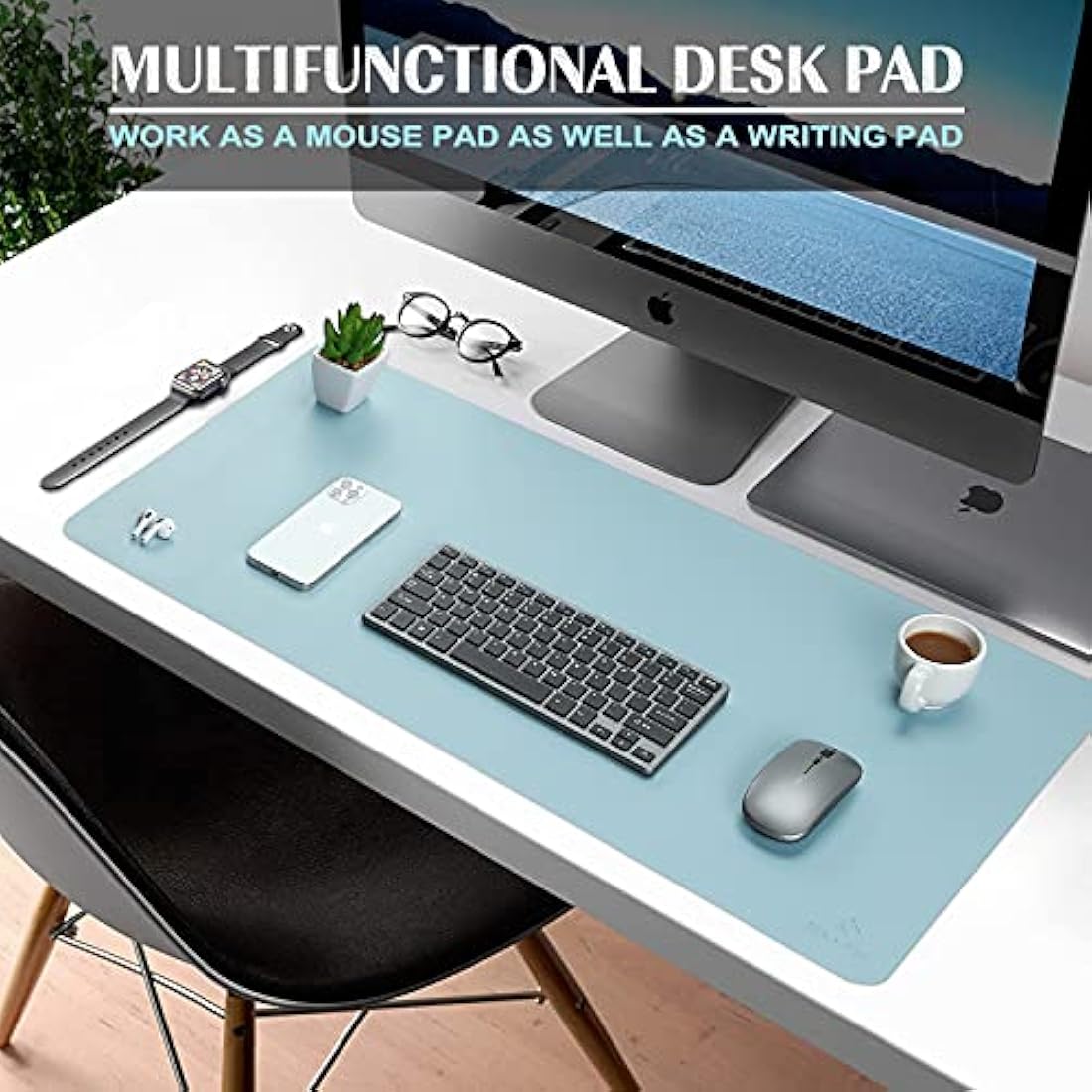 K KNODEL Large Office Leather Desk Mat, Mouse and Keyboard Pad, Computer and Laptop Mat, Desktop Protector and Cover, Writing Pad and Blotter (90x43cm, Light Blue)