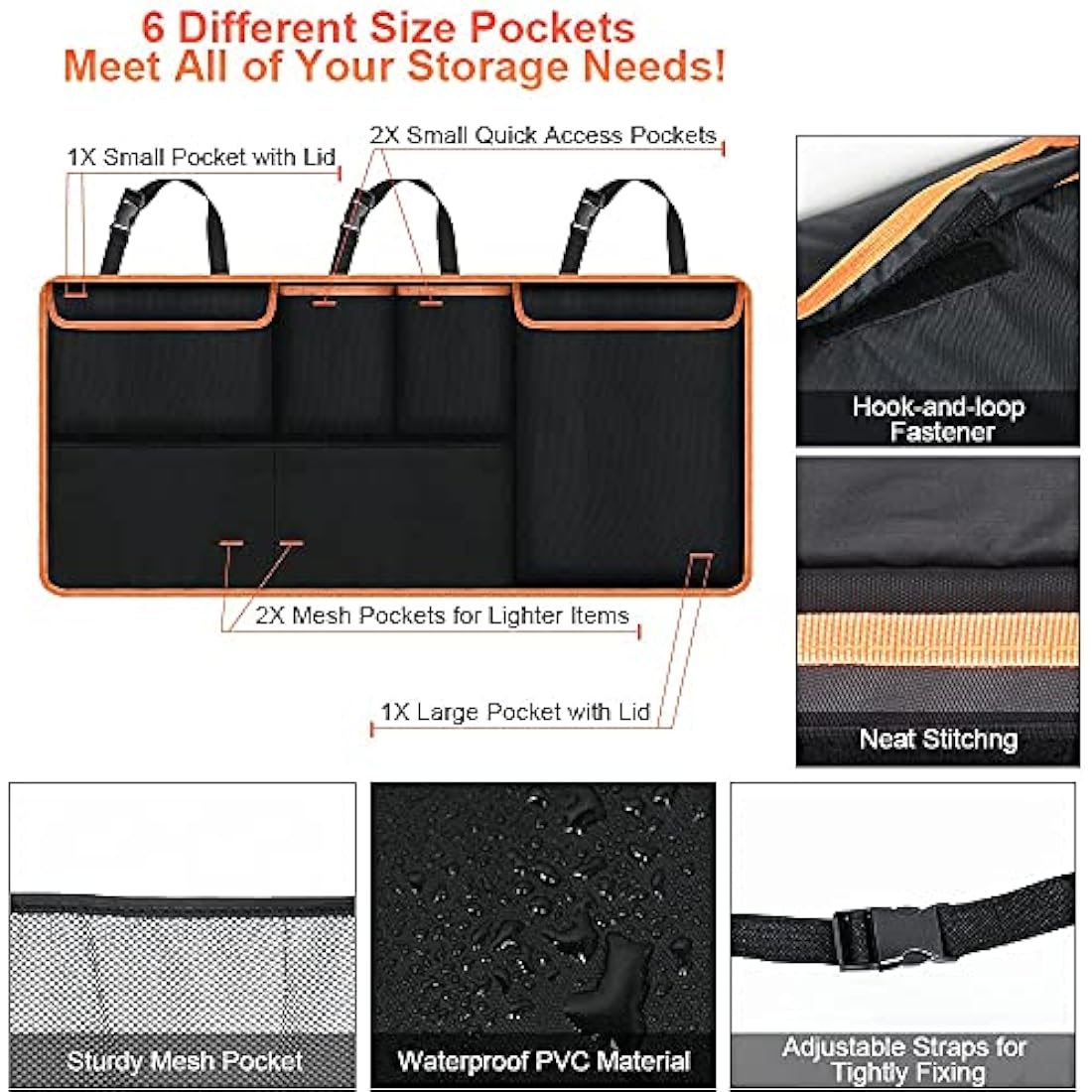 URAQT Car Boot Organiser Waterproof Kick Mats Seat Back Protectors, Travel Durable Foldable Multi-Pocket Children's Cargo Net Storage for Car Backseat Cover (100x45cm)