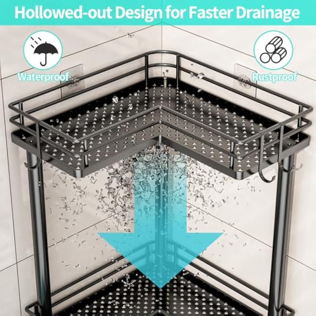 HapiRm Freestanding Shower Caddy Corner - 3 Tier Shower Storage with Soap Holder, Stainless Steel Corner Bathroom Storage with 4 Hooks for Shampoo, Tall Floor Bathroom Caddy Freestanding