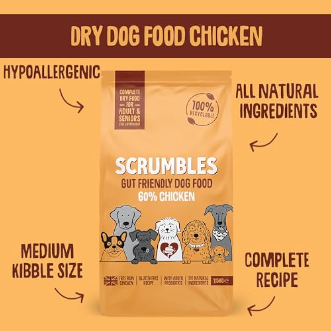 Scrumbles Natural Dry Dog Food, Gluten Free Recipe With Fresh Chicken, For Adults And Senior Breeds, 7.5Kg Bag