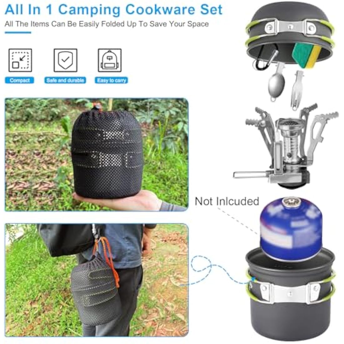 AUTOPkio Camping Cooking Set, Outdoor Camping Pans Pots and Stove - Non Stick Folding Cookware Kit for BBQ Picnic Hiking Backpacking Travel 1-2 Person Use