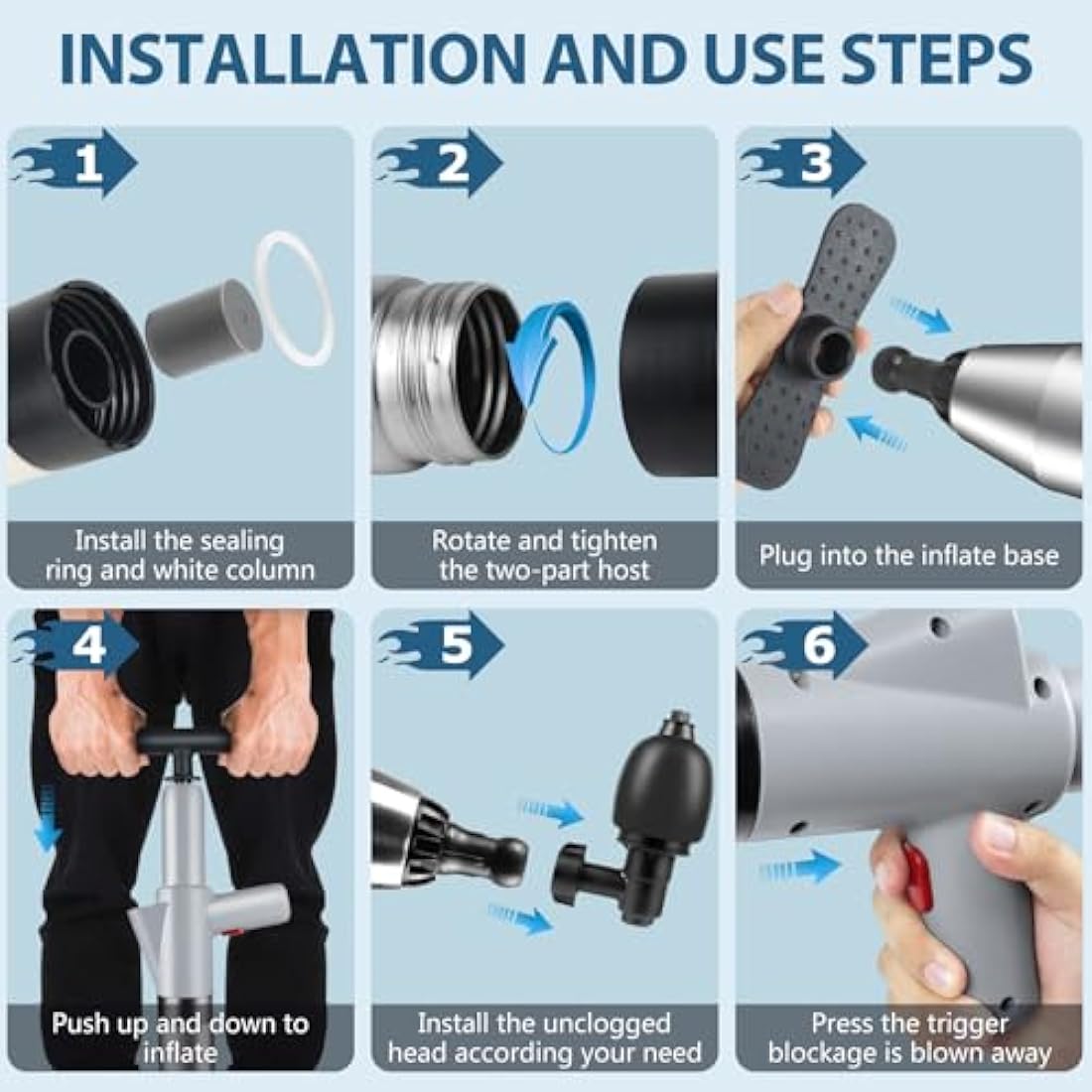 inShareplus Toilet Plunger, Grey Toilet Unblocker Heavy Duty, High Pressure Plunger Kit with 4 Replaceable Heads and 1 Gloves Plunger Sink Unblocker for Unblocking Toilets, Sink, Bathtub, Floor, Drain