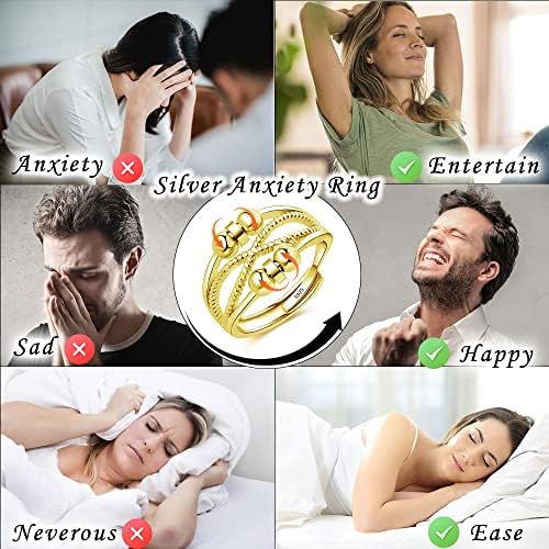 Cangall 925 Sterling Silver Anxiety Ring - Adjustable Open Fidget Ring With Beads Spinner for Stress and Depression Relief - Unisex Anti-Anxiety Ring