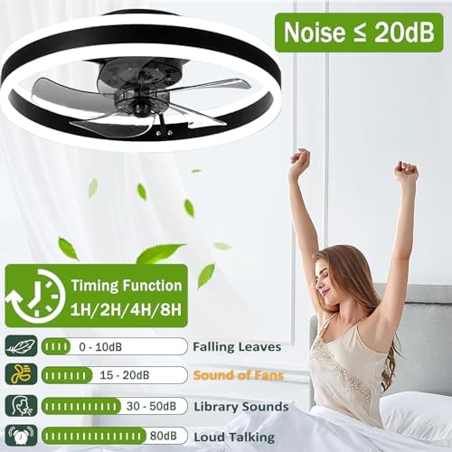 LED Ceiling Fans with Lights Reversible Remote, 6 Speeds Modern Bedroom Fan Ceiling Light Quiet Dimmable Small Ceiling Fan Light for Living Room, Black 40CM