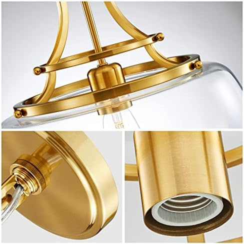 WUZUPS Chandelier Rustic Farmhouse Industrial Round Ceiling Pendant LED Light Fixture with Clear Glass Shades for Dining Room Kitchen Island Foyer Entryway, H 43 x W 34, E27 Base, Brushed Gold