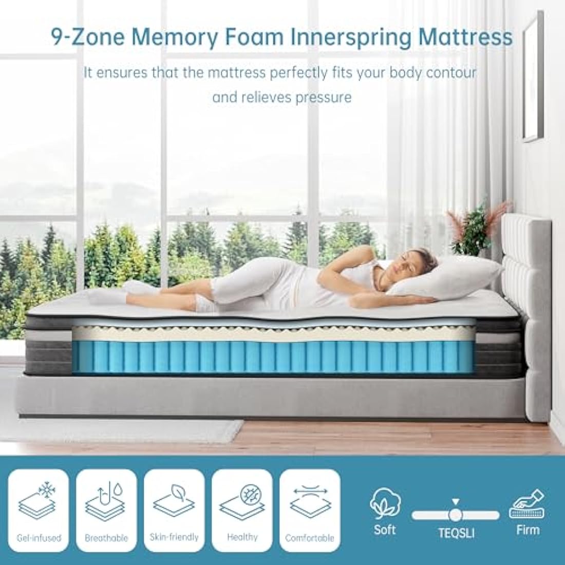 TeQsli Gel Individually Pocket Sprung Single Mattress 3FT with Breathable Soft Fabric, 10 Inch Hybrid Mattress Single for Pressure & Back Pain Relief, Medium Firm Mattress in a Box-90x190x25cm