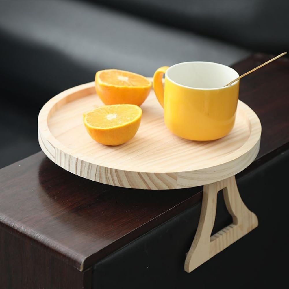 YWHWLX Round Sofa Arm Tray Table, Portable and Foldable Bamboo Sofa Armrest Clip-On Tray