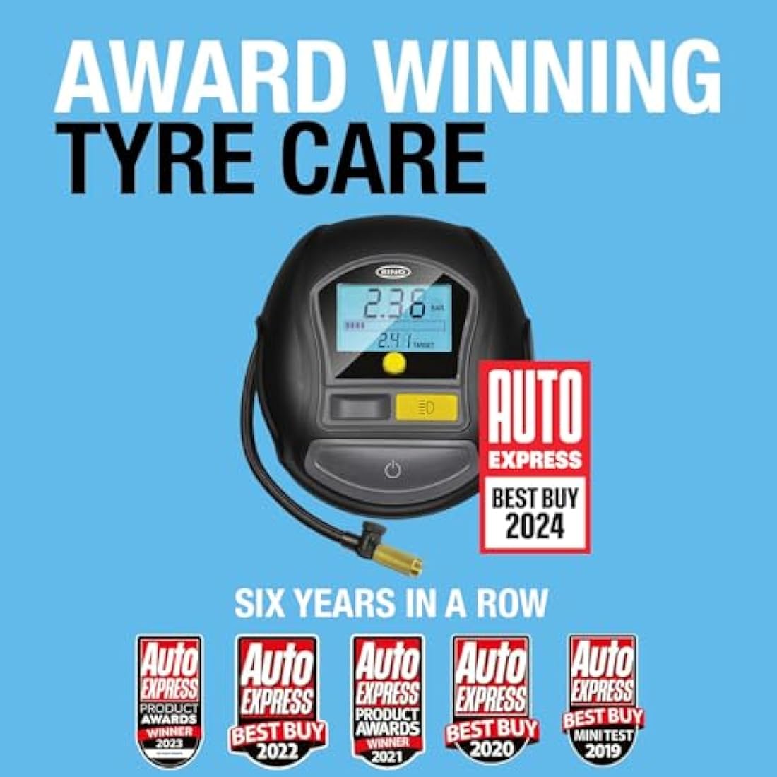 Ring Automotive TYREINFLATE 1000 Rapid Digital Tyre Inflator With Three Adaptors - Measures in PSI, BAR & Kpa