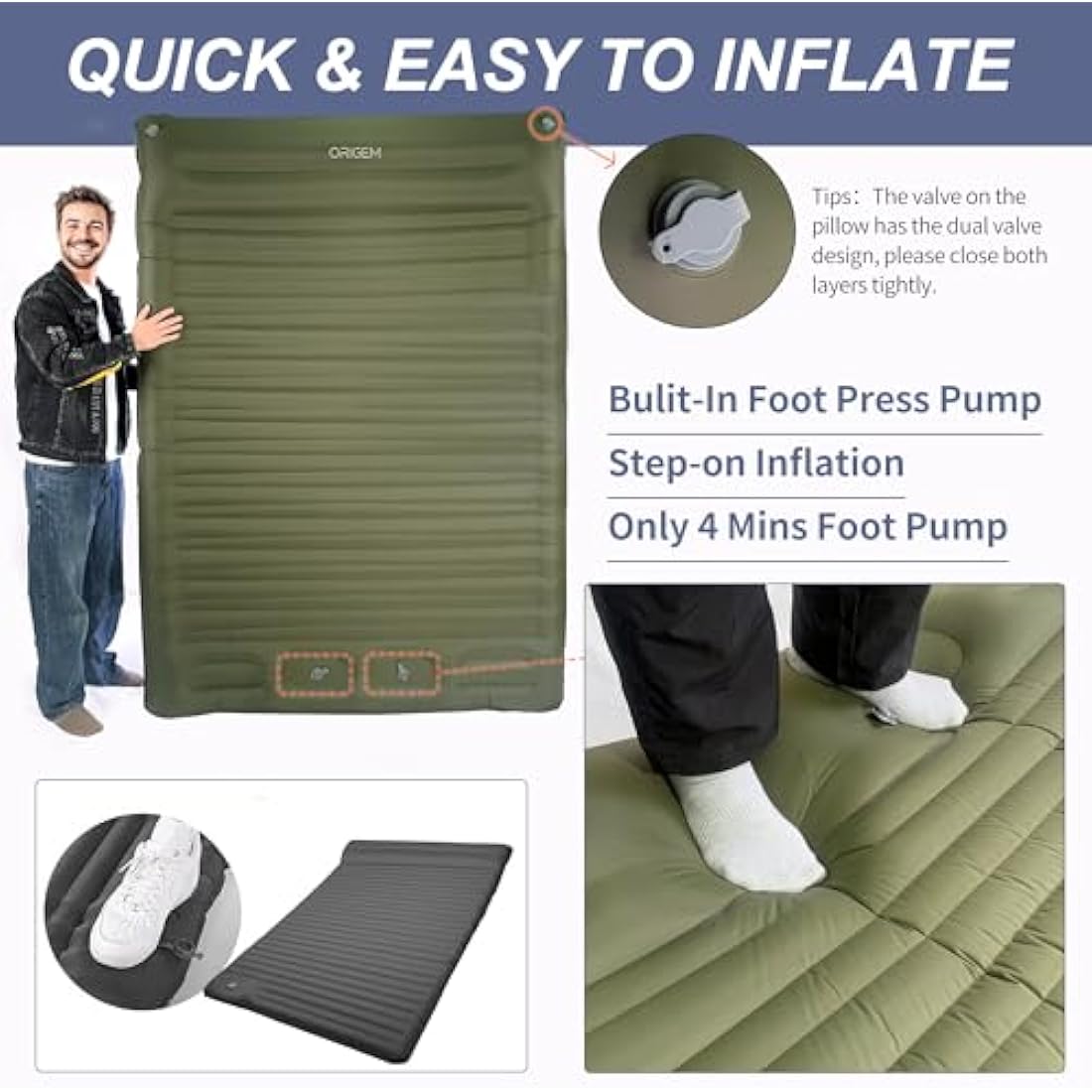 Origem Self Inflating Camping Sleeping Mat Double, 14Cm Extra Thick & Wide Camping Mattress with Built-In Foot Pump, Inflatable Sleeping Pad For Hiking, Outdoor, Traveling, Backpacking, Beach