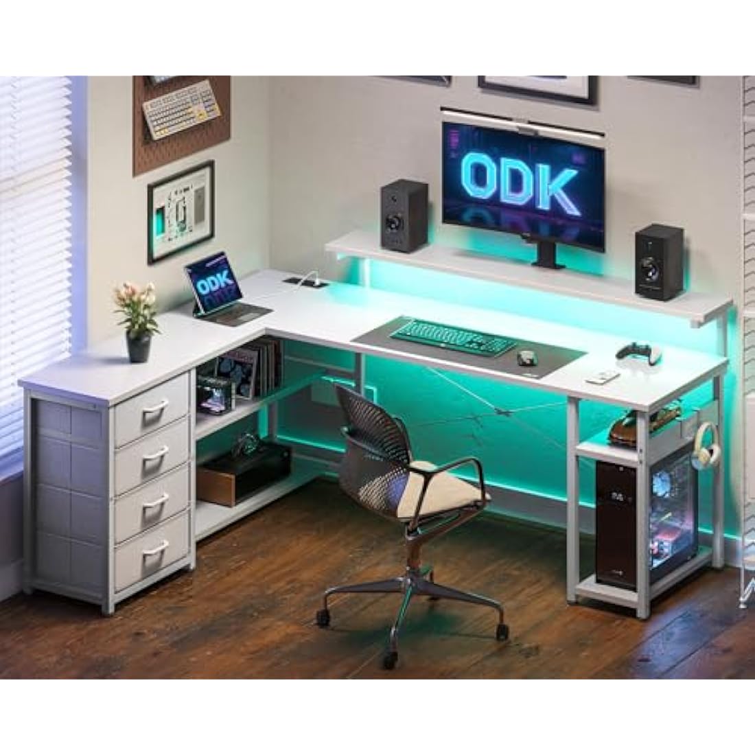 ODK Corner Desk with Drawers, L Shaped Gaming Desk with LED Lights & Power Outlets, Reversible Computer Desks for Home Office Workstation, Office Desks with Monitor Shelf, 155×110 cm, White