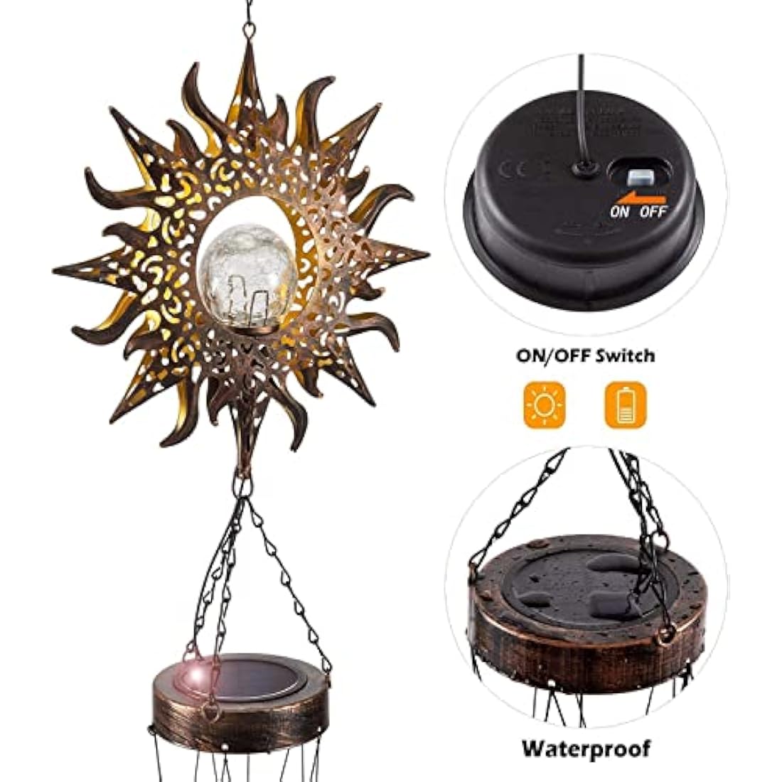 lifemet Wind Chimes Solar Lights - Powered LED Sun Night lights outdoor Garden Waterproof Metal Windbell Chime Light Lamp for Patio Deck Lawns Yard Patio
