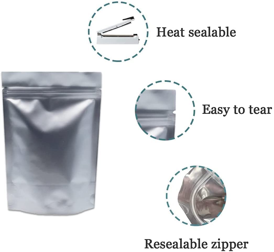 WACCOMT Pack 50 Pieces Silver Pure Mylar Foil Bags Smell Proof Stand Up Pouch 3.94mil Thick Aluminium Foil Zipper Lock Pouches Resealable Food Bag for