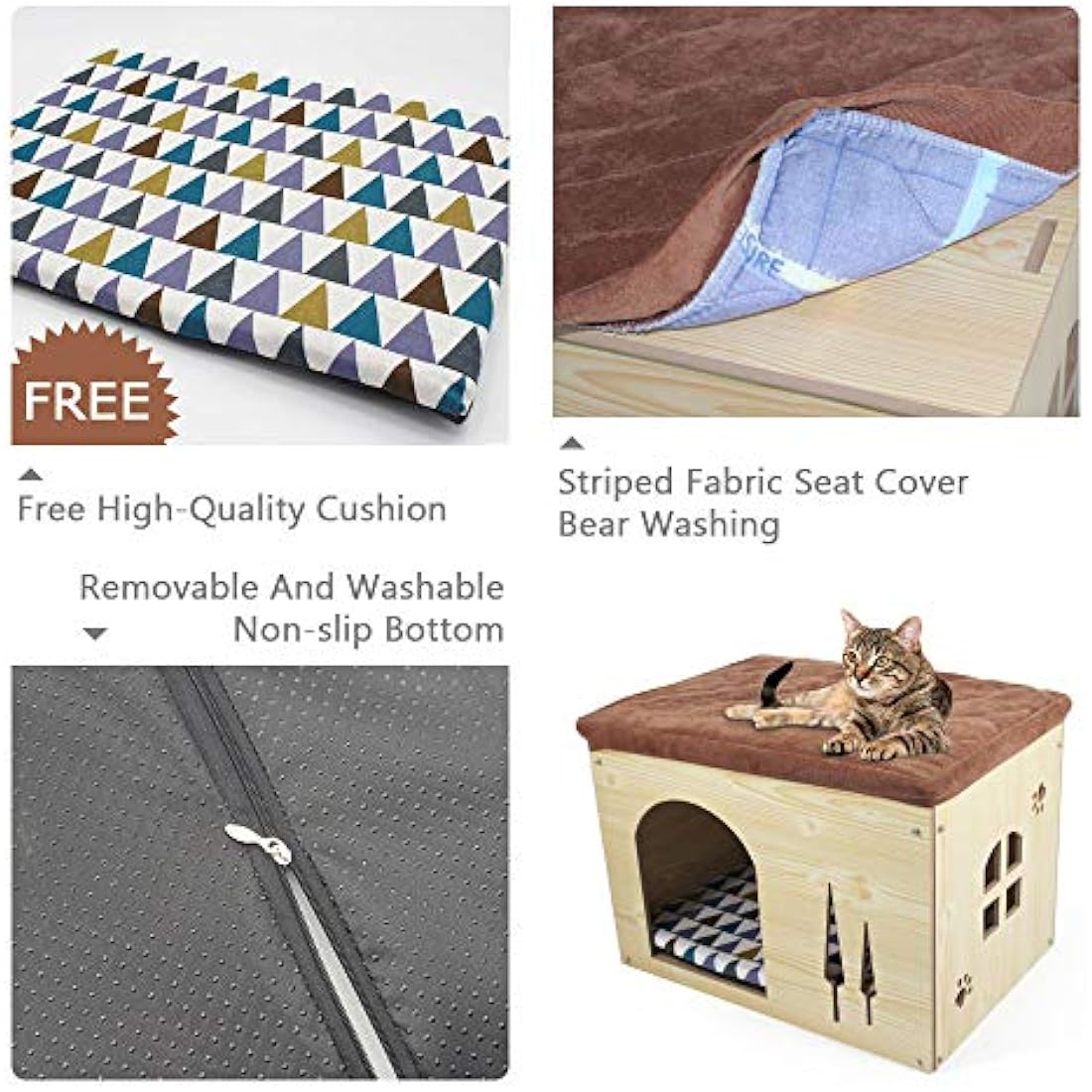 Cat Pet Bed House- Footstool Style Cat Cave Puppy Kennel, Foldable Pet House with Free Pet Cushion for Small Dogs Cats Rabbits Creative Wood Sitting Stool for Living Room Bedroom, Natural XL