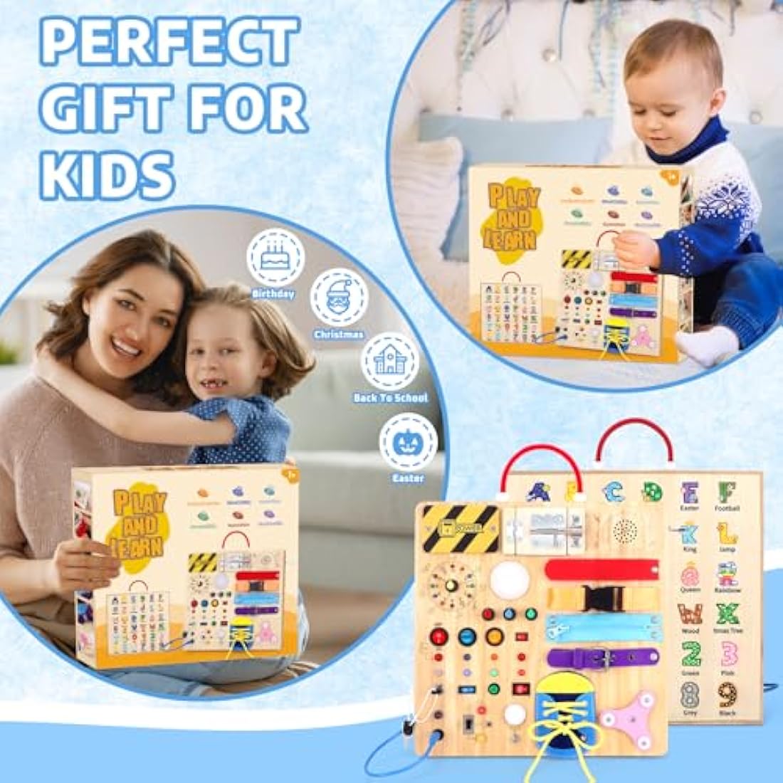 Konijiwa 23 in 1 Toddler Toys Montessori Busy Board for 1 2 3 Year old Boys Girls Wooden Toys with With 15 Switches, 26 LED Lights Switch, Music boxes, zippers Sensory Learning Toys