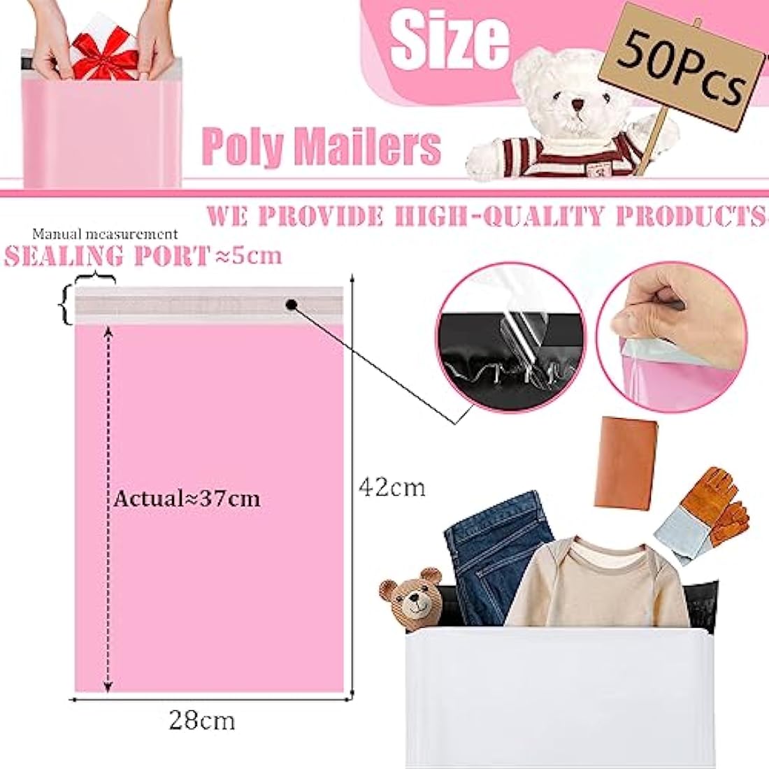 50pcs 28x42cm Pink Vinted Postage Bags Mailing Bags for Clothes,Mailing Poly Postal Self Seal Bags,Parcel Shipping Bags Strong Packaging Bags Delivery Bags Plastic Envelopes for Posting Clothes Parcel