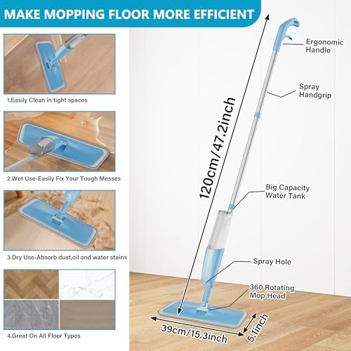 Microfibre Spray Floor Mop with Spray for Cleaning Floors, MEXERRIS Dust Wet Dry Mops with 3x Reusable Microfiber Pads & 1x Refillable Bottle for Hardwood Laminate Tiles Floors