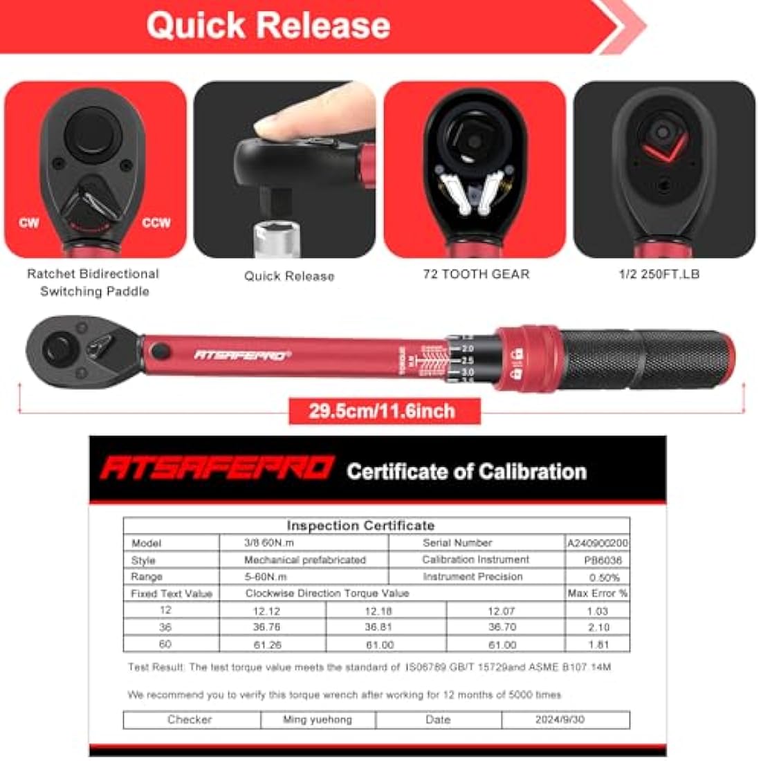 ATsafepro Torque Wrench 3/8 Inch, Drive Click 5-60 Nm Torque Wrench Auto, Dual Direction Adjustable 72 Tooth Bike Torque Wrenches for Bike and Motorcycle Car Maintenance