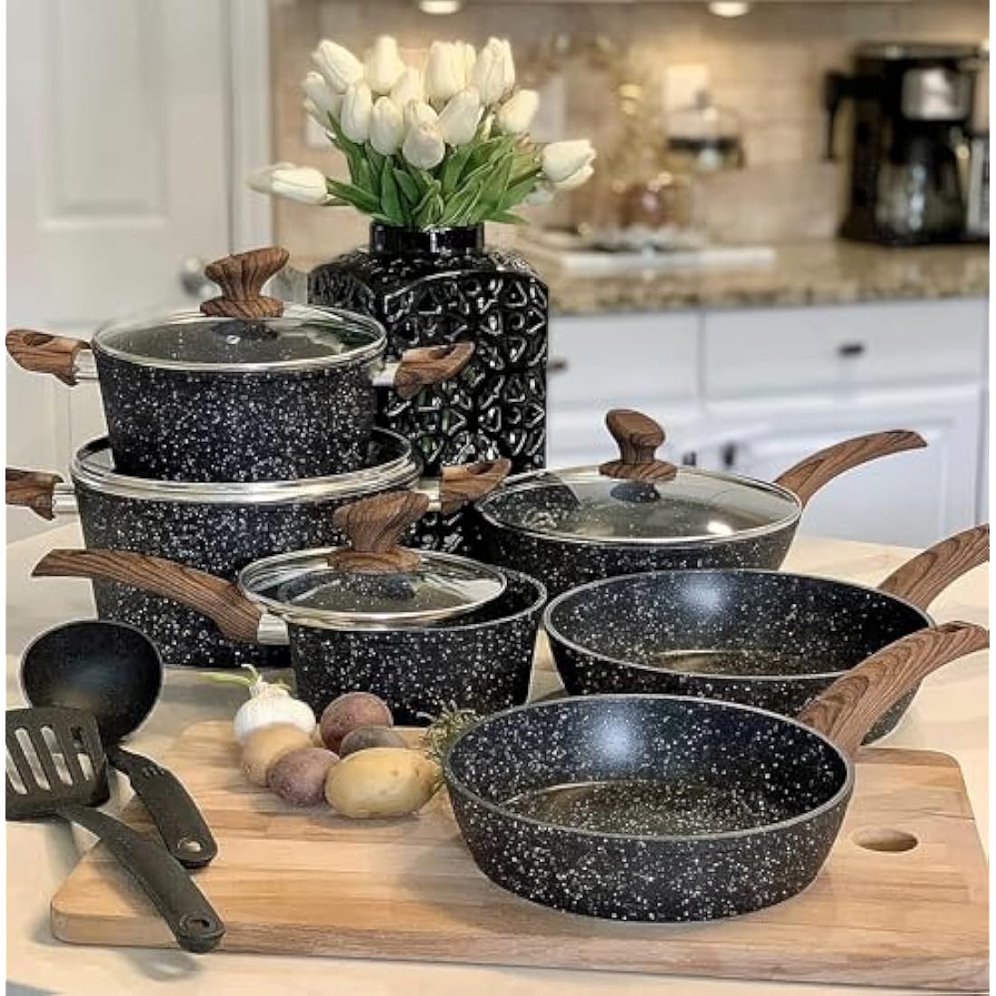 Kitchen Academy Induction Hob Pans Set - 12 Pieces Black Granite Kitchen Cookware Set，Pots and Pans Set Non Stick